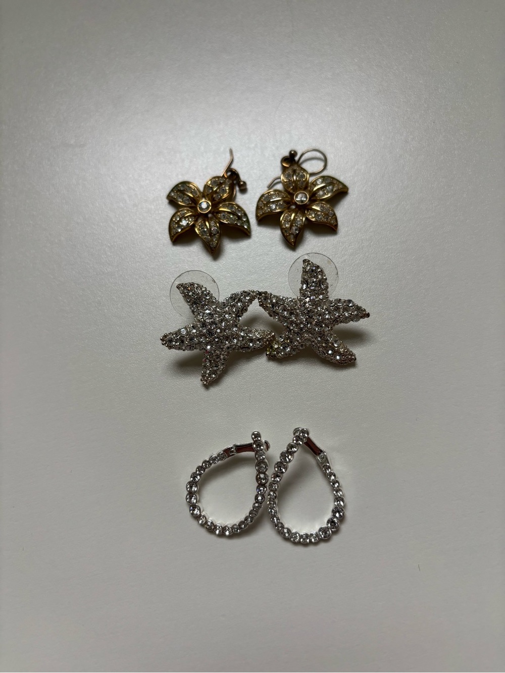 3 Sparkling Silver Starfish Crystal Stud Earrings - Flower and Tear Drop Jewelry